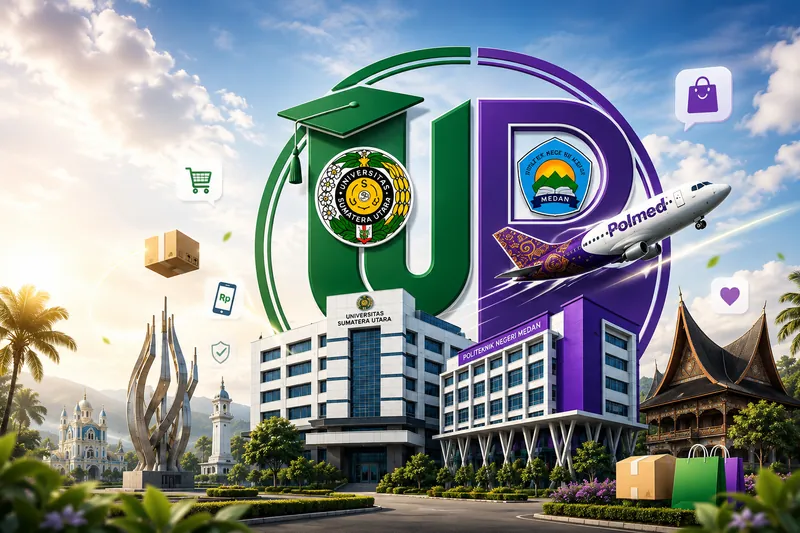 Gedung Universitas Sumatera Utara dan Politeknik Negeri Medan berdampingan dengan lambang kedua kampus